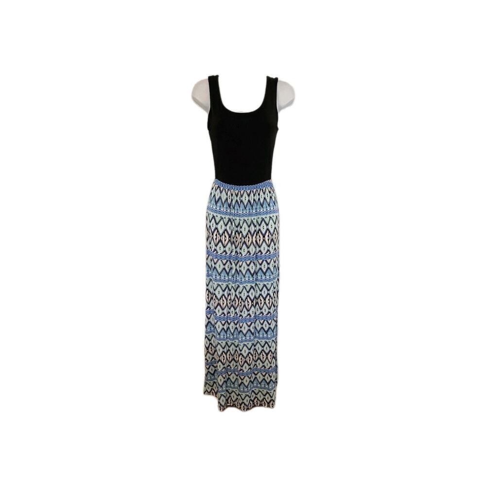 Gilli Stitch Fix Sz SMALL Black Blue Geometric Rayon Stretch Maxi Dress